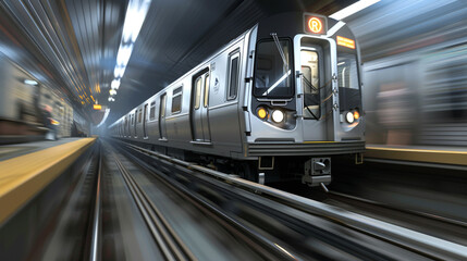 Blurred image of a metro speeding on its way to a destination in the city.