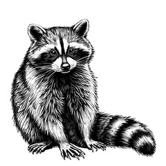 raccoon line art illustration with vintage engrave style isolared on transparent backround