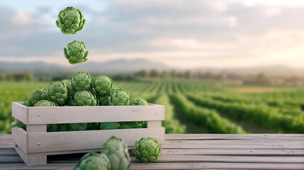 A crate filled with fresh artichokes, set on a wooden surface with several artichokes levitating above it, against a backdrop of artichoke fields under a soft sunset.