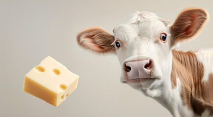 A close-up of a cow with a piece of cheese floating nearby, set against a neutral background.