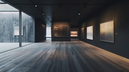 Obraz premium minimalist art gallery with floors and walls clad in stark, black-stained oak, focusing all attention on the artwork