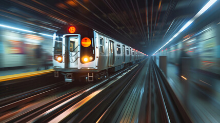 Obraz premium Blurred image of a metro speeding on its way to a destination in the city.