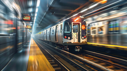 Fototapeta premium Blurred image of a metro speeding on its way to a destination in the city.