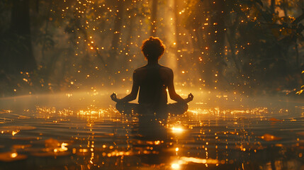 Silhouette of a meditator meditating in a golden forest river