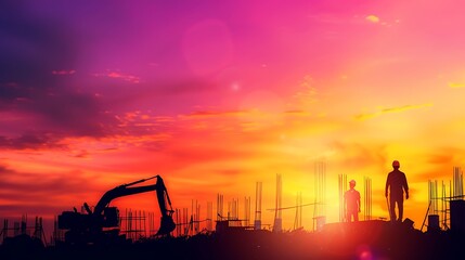Construction Workers Silhouetted Against a Vibrant Sunset