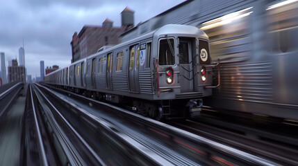 Naklejka premium Blurred image of a metro speeding on its way to a destination in the city.
