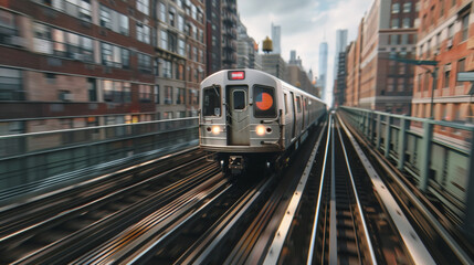 Fototapeta premium Blurred image of a metro speeding on its way to a destination in the city.