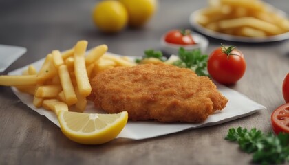 Top breaded chicken fillet fried with cheese served with sliced tomatoes lemons and french fries
