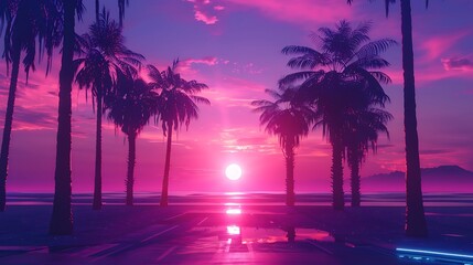 Palm trees silhouetted against a vibrant pink sunset over the ocean, creating a dreamy and nostalgic atmosphere.