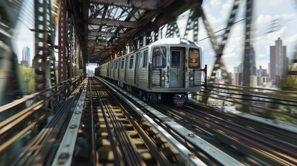 Blurred image of a metro speeding on its way to a destination in the city.