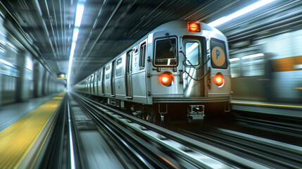 Fototapeta premium Blurred image of a metro speeding on its way to a destination in the city.