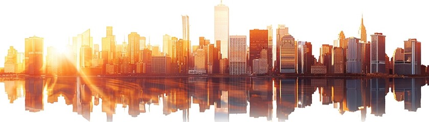 Fototapeta premium Modern skyscrapers reflecting sunset urban skyline