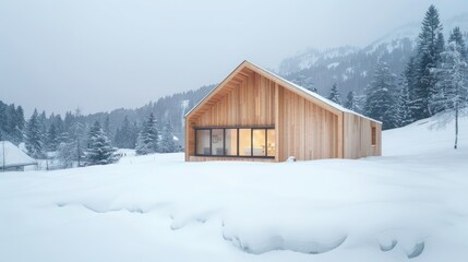 minimalist chalet with seamless wood paneling blending into a snowy landscape