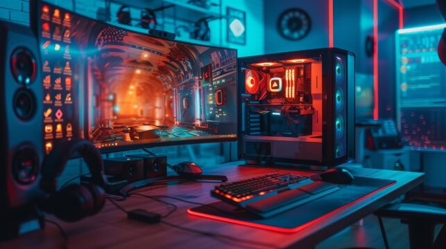 High-end gaming setup with dual monitors and neon lighting. Modern gamer workspace concept.