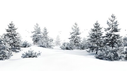 Fototapeta premium Snowy landscape with pine trees falling snowflakes