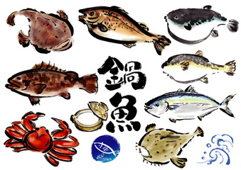 鍋物に向いてる手書きの魚の集合　和風筆書きの魚セット © 詩織