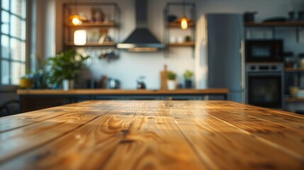 Empty wooden table in a cozy kitchen. Home interior and lifestyle concept.