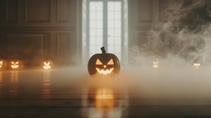 Chilling Halloween atmosphere with bats and fog, eerie shadows moving across the room, guests in creepy costumes, ghostly lights illuminating jack-o'-lanterns, haunted decorations everywhere