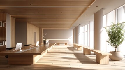 Obraz premium minimalist office with clean wooden lines and a focus on sustainability