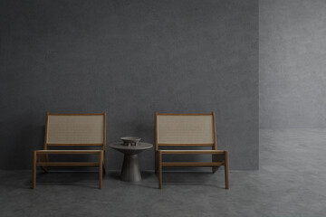 Abstract interior space background. 3d rendering of living room with empty concrete wall.