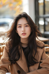 Obraz premium 86 An Asian fashion model in a smart-casual outfit, sitting at an outdoor cafe with a city backdrop