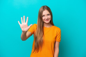 Young Russian woman isolated on blue background counting five with fingers