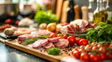 Obraz premium Fresh vegetables and meat on a kitchen counter. Cooking and food preparation concept.