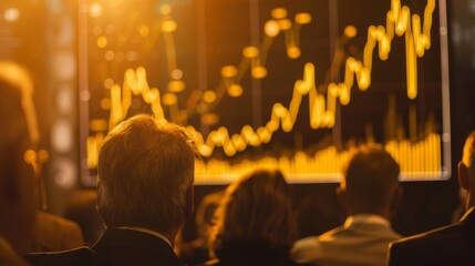 A financial expert presenting a gold price graph to a seminar audience, discussing investment strategies and risk management.