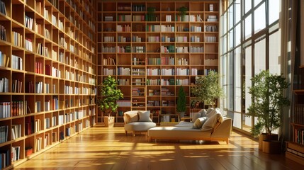 modern bookstore with wooden bookshelves and a comfortable reading area