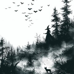 Fototapeta premium Enchanting Spooky Forest Night Scene with Witch, Bats, and Black Cat on Isolated White Background for Halloween Concept. Copy Space Available.