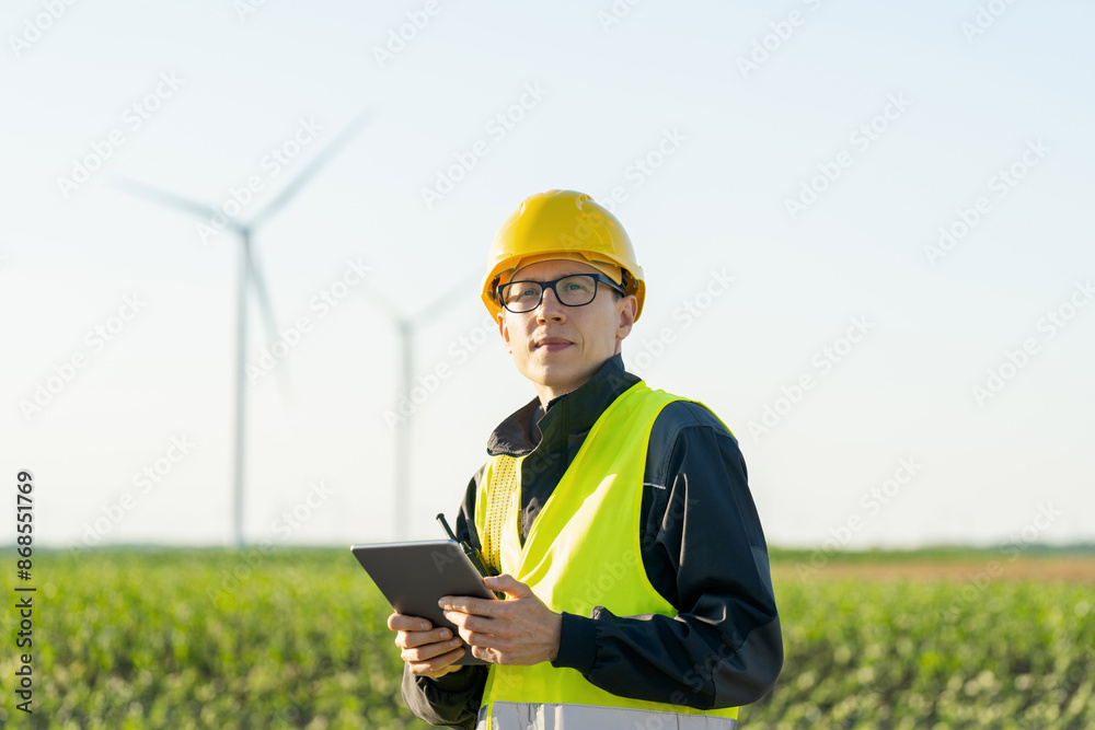 Aufkleber Engineer with digital tablet works on a field of wind turbines	
