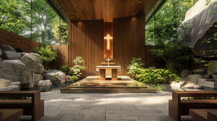 Naklejka premium modern chapel with a wooden altar and serene, natural surroundings