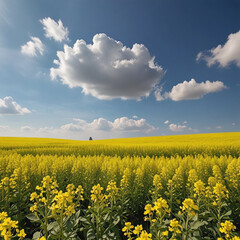 Obraz premium Yellow rapeseed is covered the field against the blue sky 