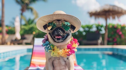 A pug wearing sunglasses and a hat, adorned with a flower lei, relaxing by a pool. Generated AI.