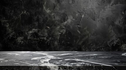 Fototapeta premium empty grey marble tabletop with dark black cement stone background for product displayed in rustic mood and tone