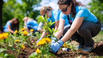 A group of volunteers planting trees and flowers in a community park during a green initiative event, promoting environmental conservation.