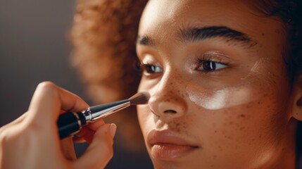 Obraz premium A makeup artist using an airbrush to apply foundation and contouring makeup for a flawless complexion, showcasing beauty techniques.