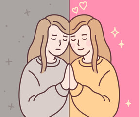 Happy and sad girl mirror reflection drawing