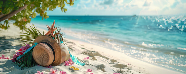 Beach bag and straw hat on tropical sandy beach