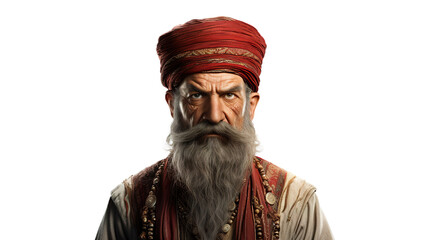 An elderly Turkish man alone against a stark white background