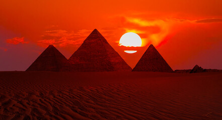 Giza Pyramid Complex at amazing sunset - Cairo, Egypt