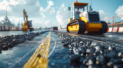 Heavy machinery paving a road with asphalt on a sunny day