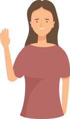 Young woman with long brown hair is waving her hand with a friendly smile, conveying warmth and approachability