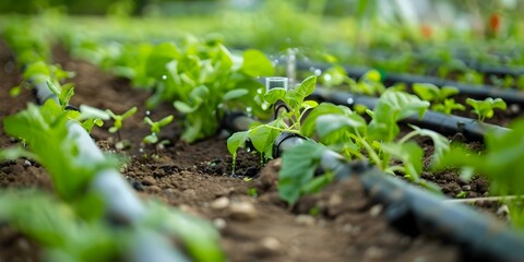 Obraz premium Efficient Water Conservation with Closeup of Drip Irrigation System in Organic Garden. Concept Efficient Water Conservation, Drip Irrigation System, Organic Garden, Water-saving Techniques