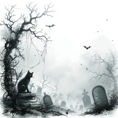 Eerie Graveyard Scene with Bat, Black Cat, and Spider Webs on Isolated White Background.