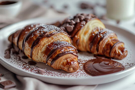 Delicious croissants drizzled with chocolate, served on a white plate, highlighting their tempting texture and chocolate decoration.