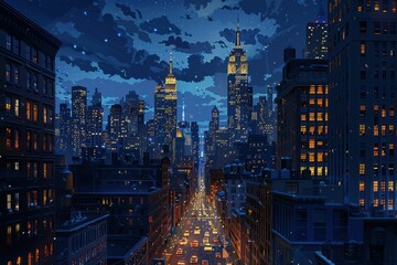 Stunning Nighttime Cityscape with Illuminated Skyscrapers and Busy Streets