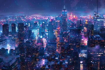 Fototapeta premium Vibrant Nighttime Cityscape with Skyscrapers and Neon Lights Under a Rainy Sky
