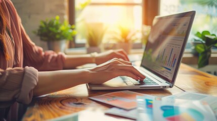 A social media manager scheduling posts and designing engaging graphics for digital campaigns on a laptop in a modern office.