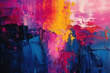 Obraz premium Abstract Colorful Painting with Bold Brush Strokes in Vibrant Pink, Blue, and Yellow Hues